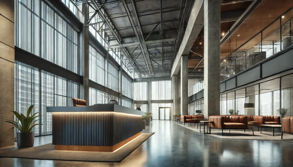 DALL·E 2024-08-09 02.04.16 - A modern office lobby with an industrial style, featuring high ceilings with exposed metal structures, polished concrete floors, and a reception desk